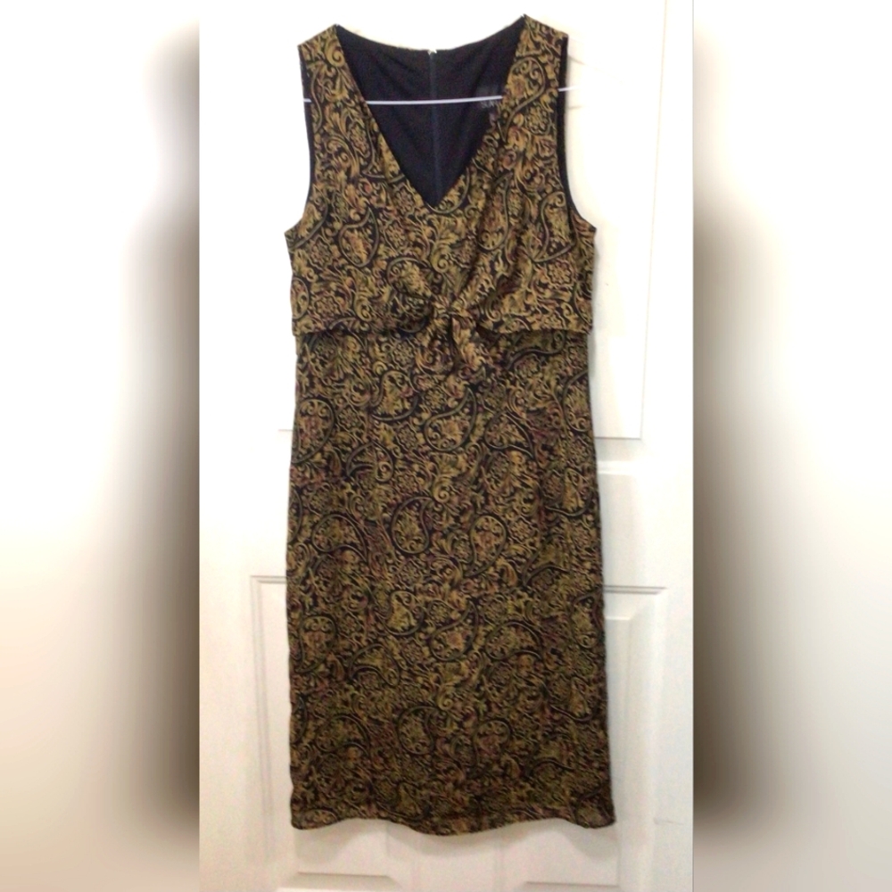 Scarlett Dress Lined Sleeveless with Front Tie Overlay Size 10 Paisley Tan/Black
